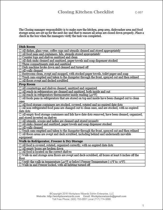 Restaurant Closing Checklist Template