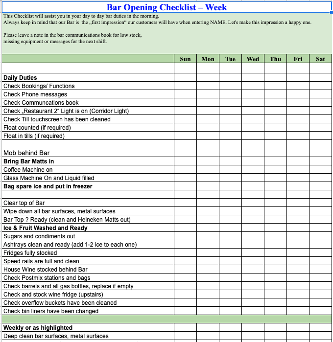 Restaurant Closing Checklist Template
