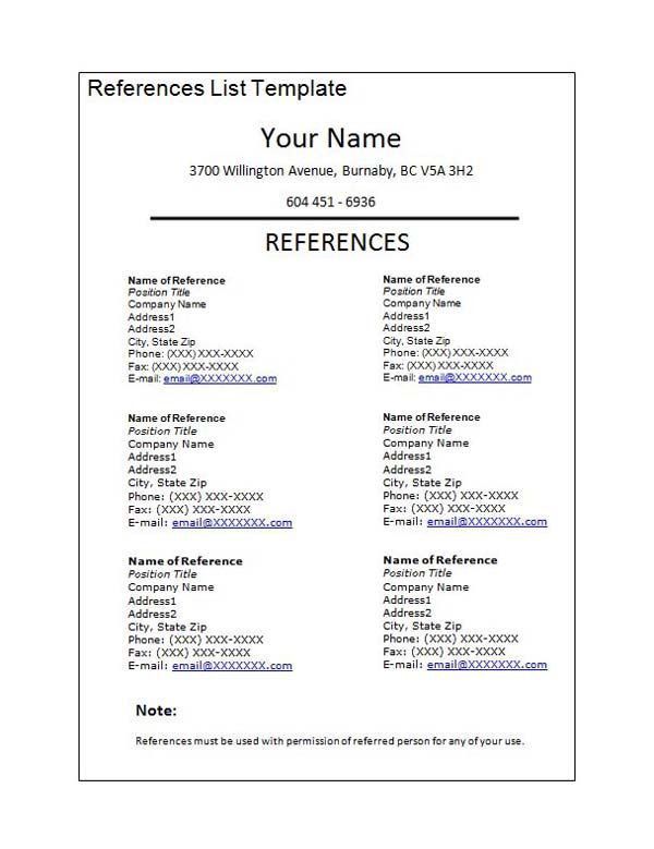 Resume References Template