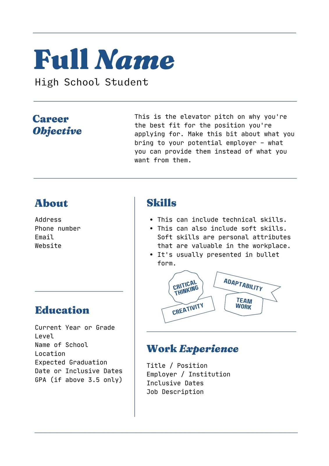Resume With No Work Experience Template