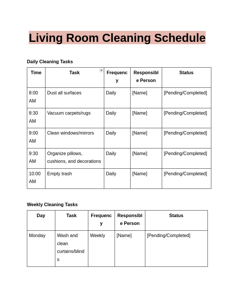 Room Cleaning Checklist Template