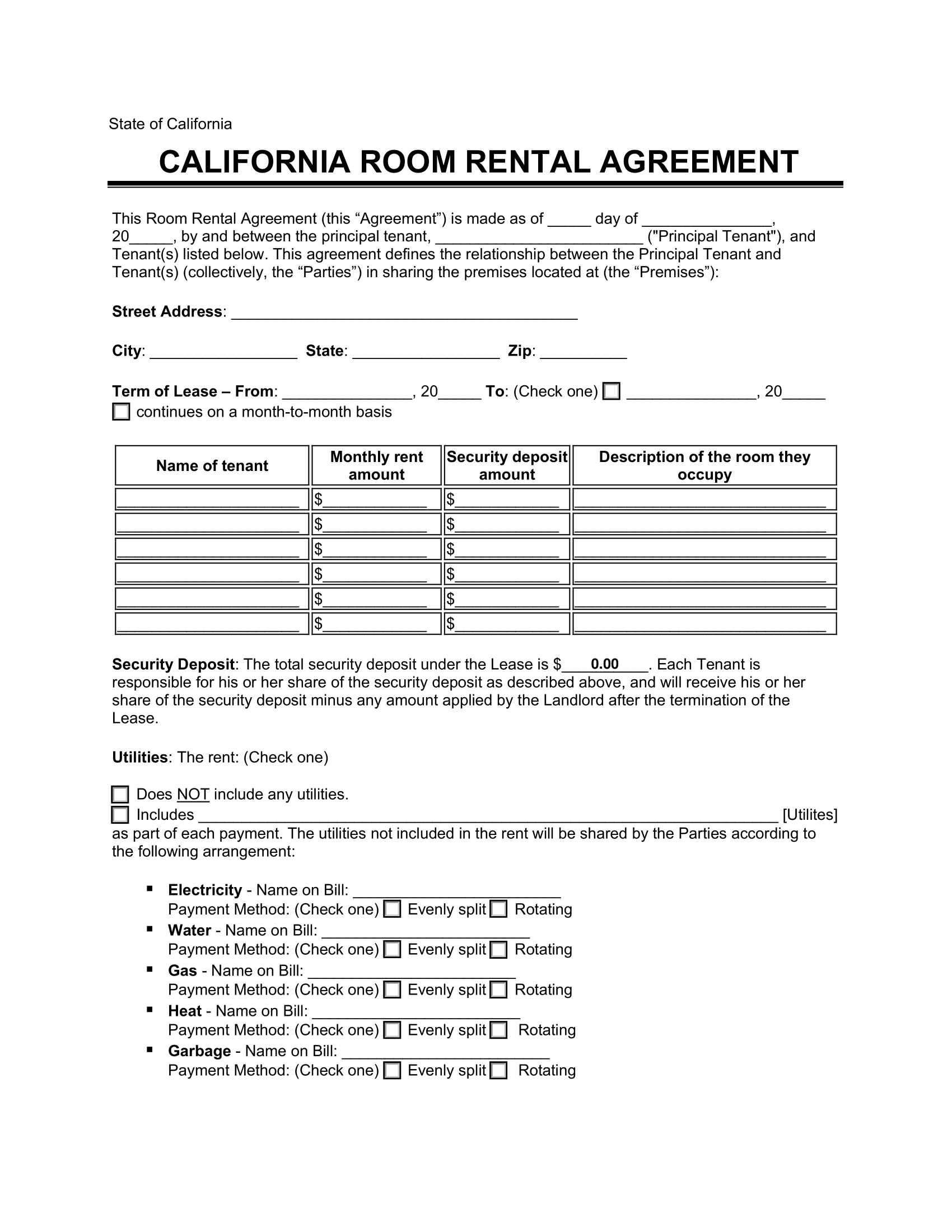 Room Rental Agreement Template