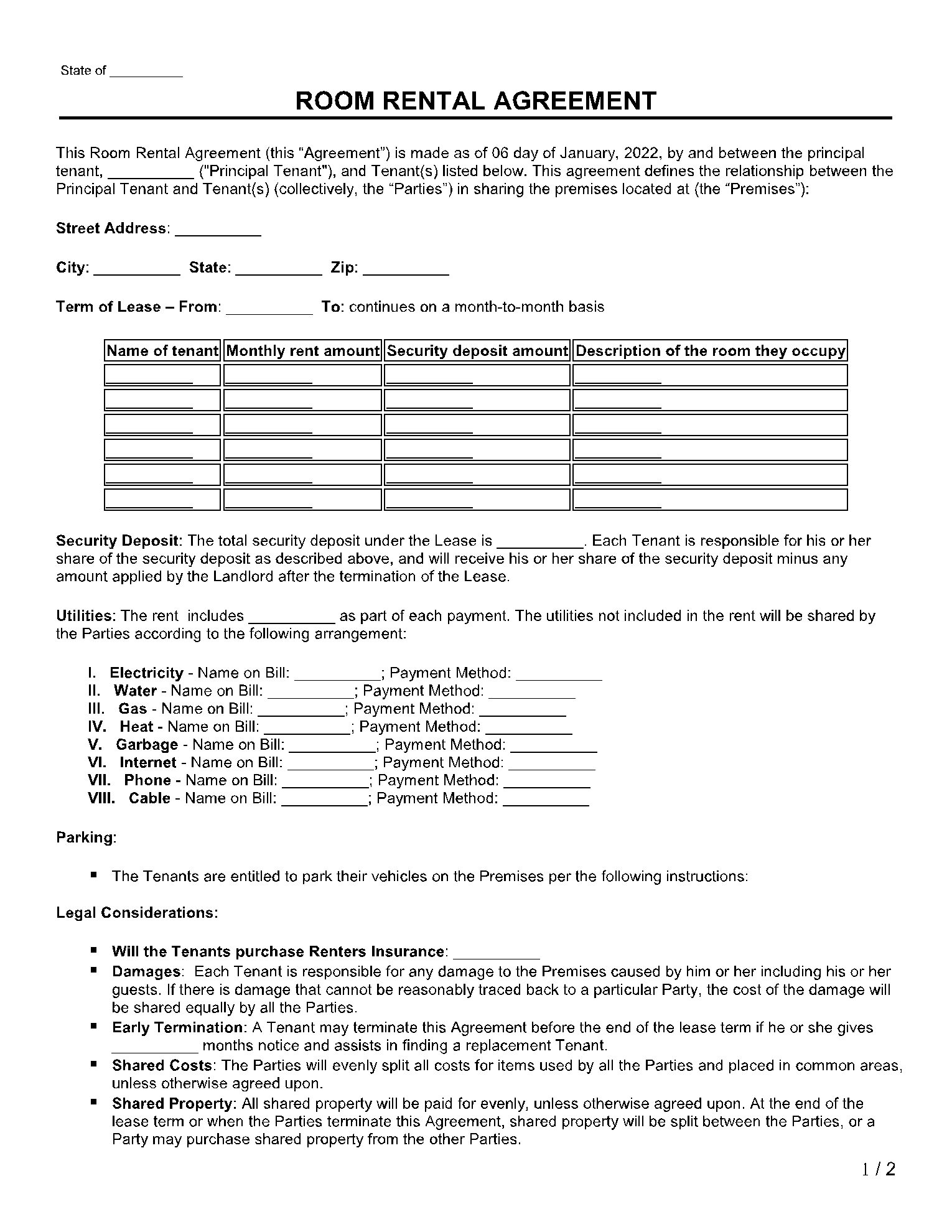 Room Rental Agreement Template