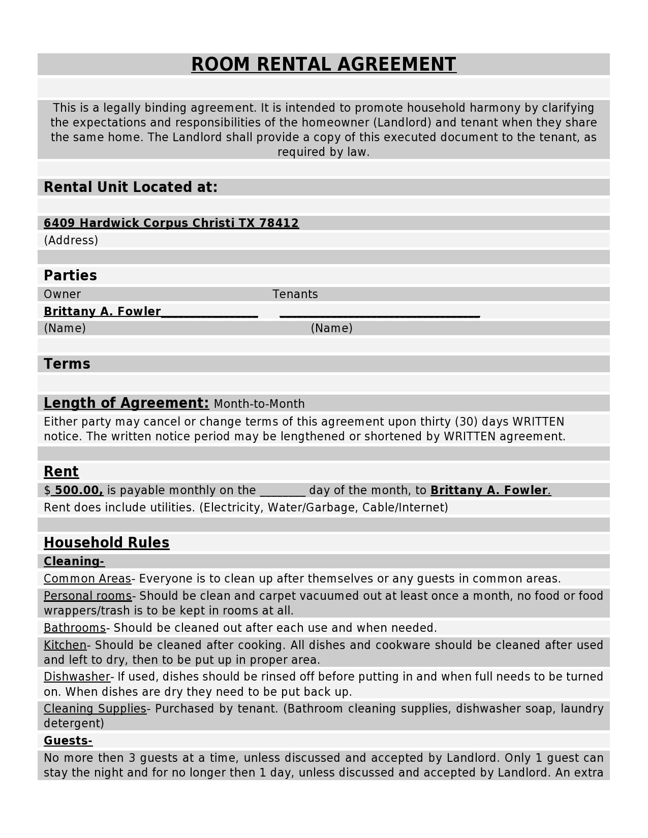 Room Rental Agreement Template