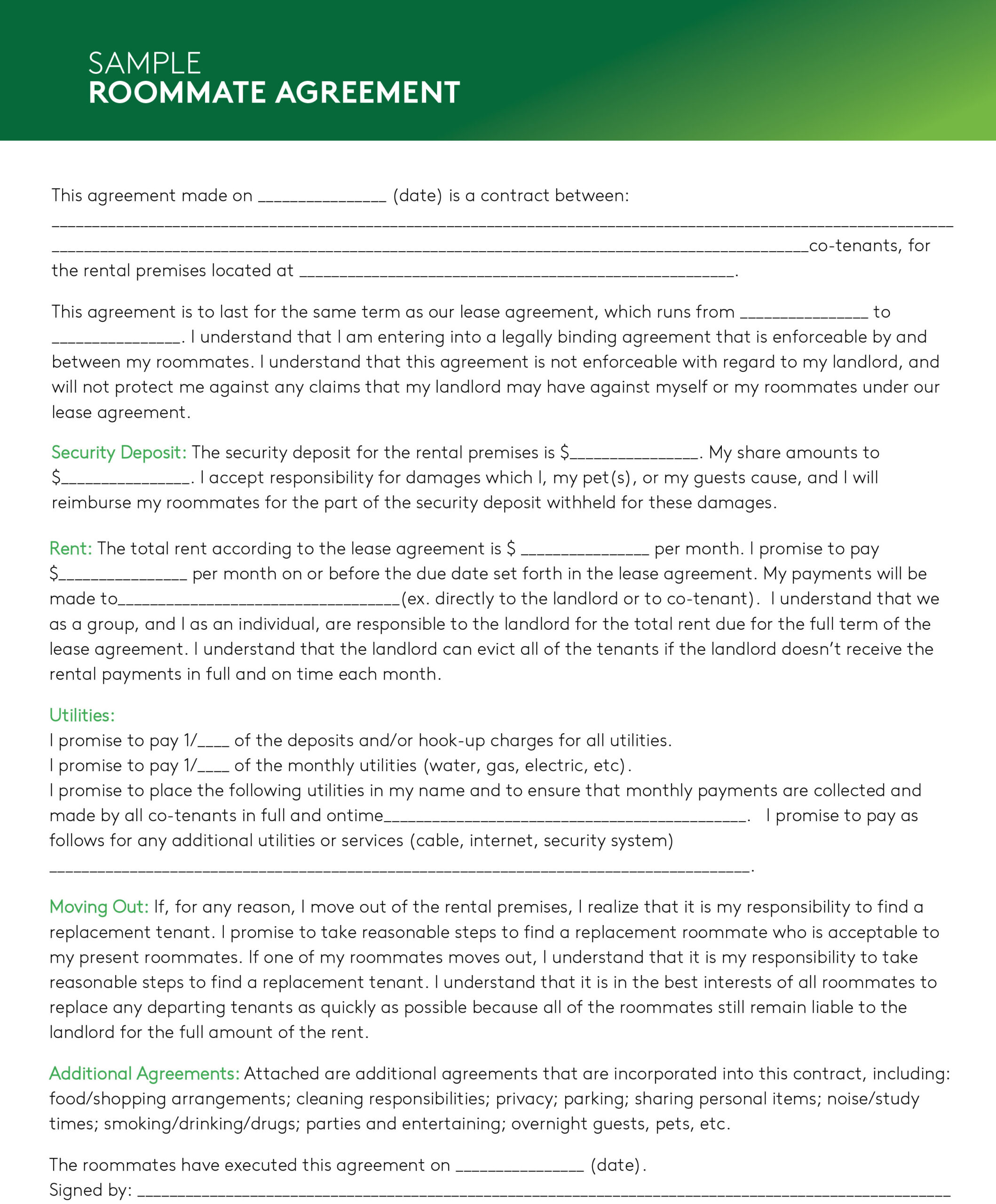 Roommate Agreement Template