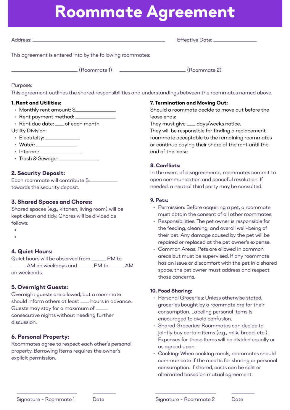 Roommate Agreement Template