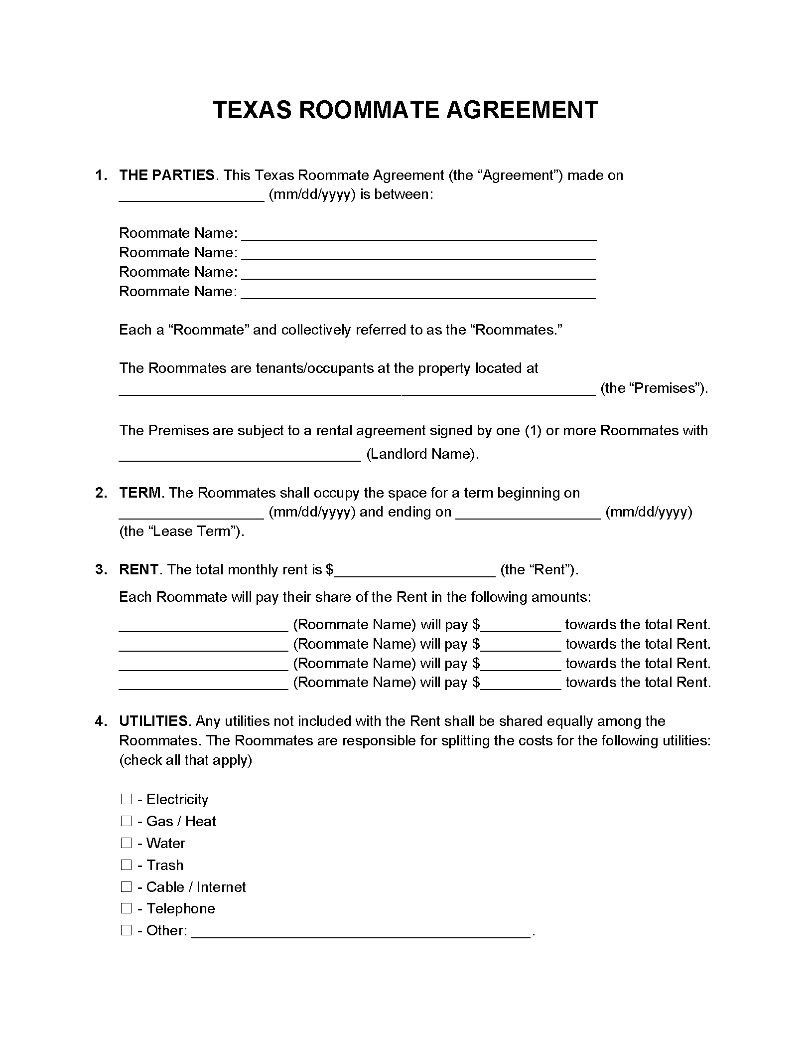 Roommate Agreement Template