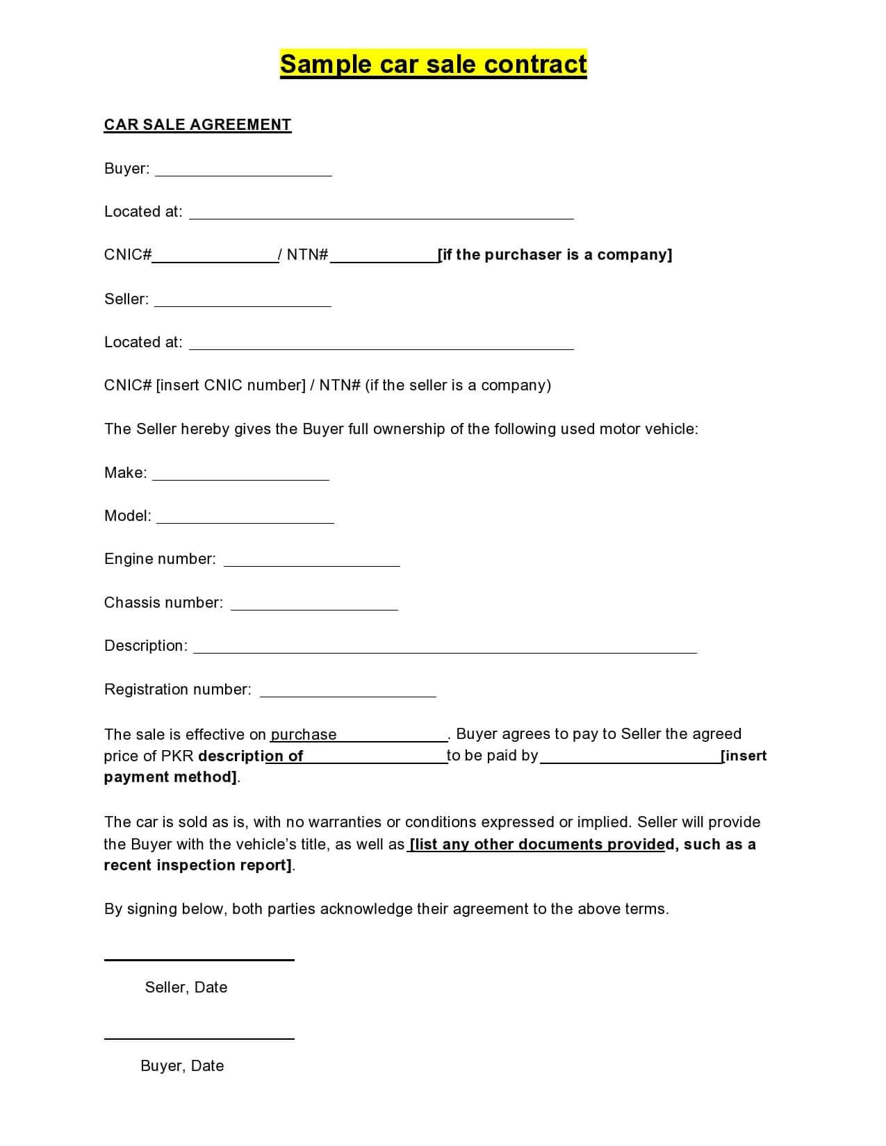 Sales Contract Template For a Car