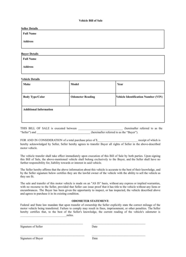 Sales Contract Template For a Car