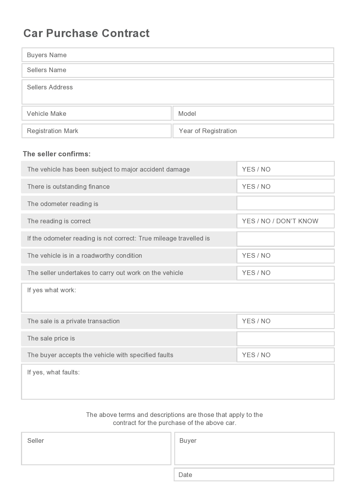 Sales Contract Template For a Car