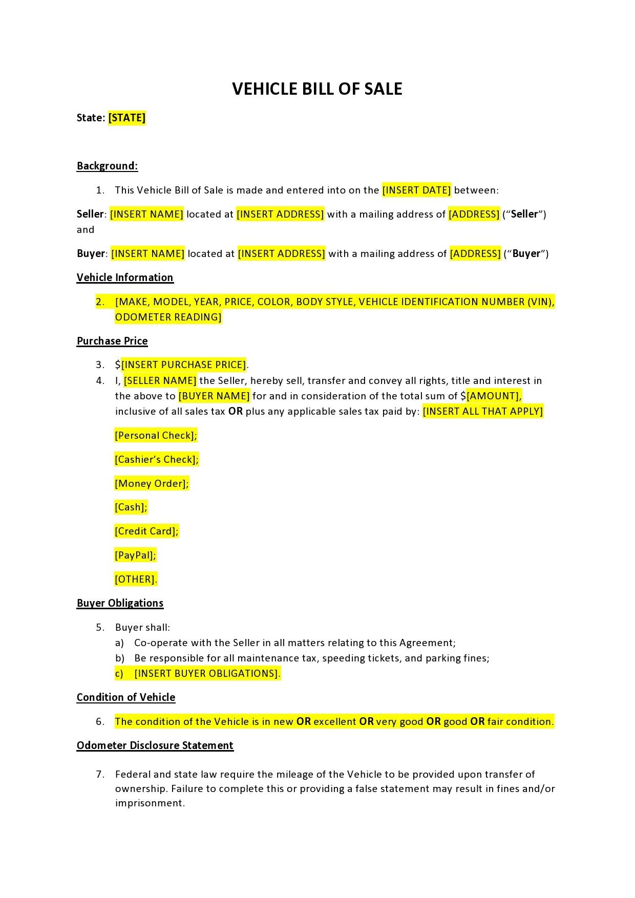 Sales Contract Template For a Car