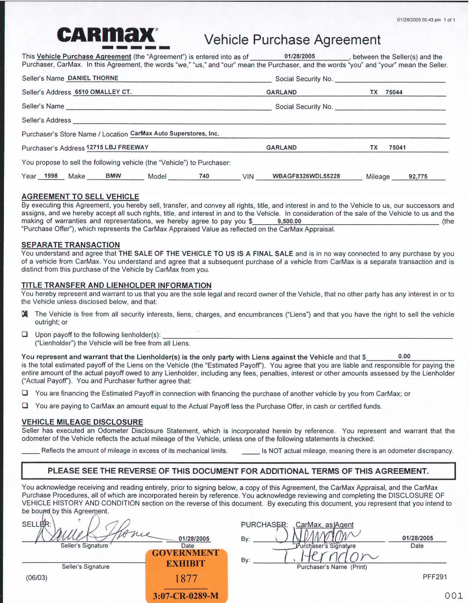 Sales Contract Template For a Car