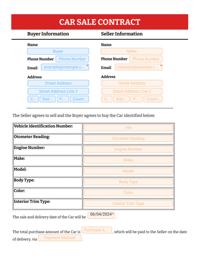Sales Contract Template For a Car