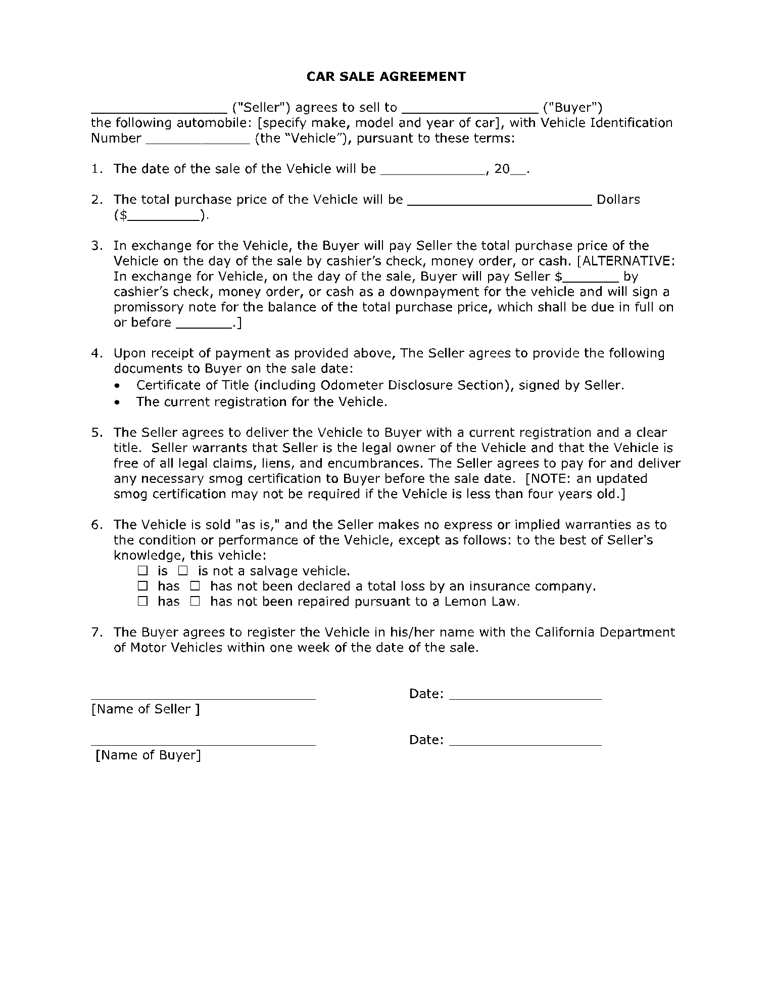 Sales Contract Template For a Car