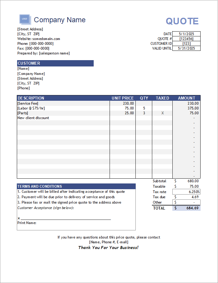 Sample Price Quotation Template Sample Price Quotation Template