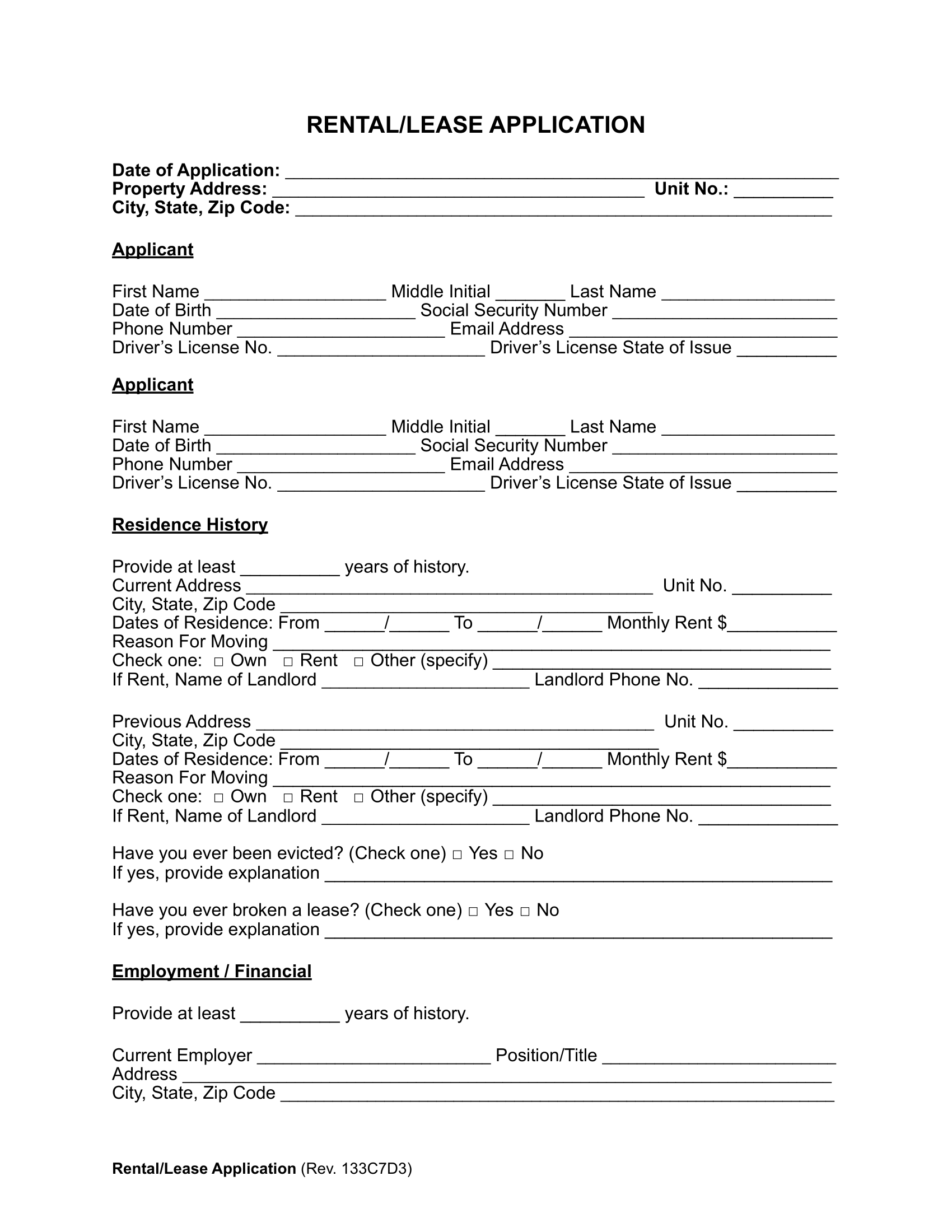 Sample Rental Application Form Sample Rental Application Form