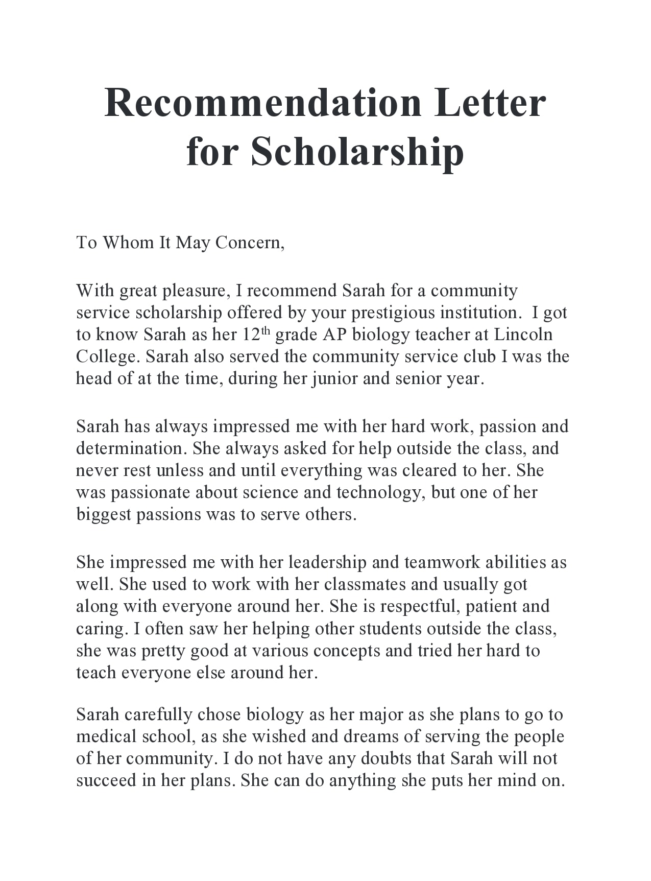 Sample Scholarship Recommendation Letter Template Sample Scholarship Recommendation Letter Template