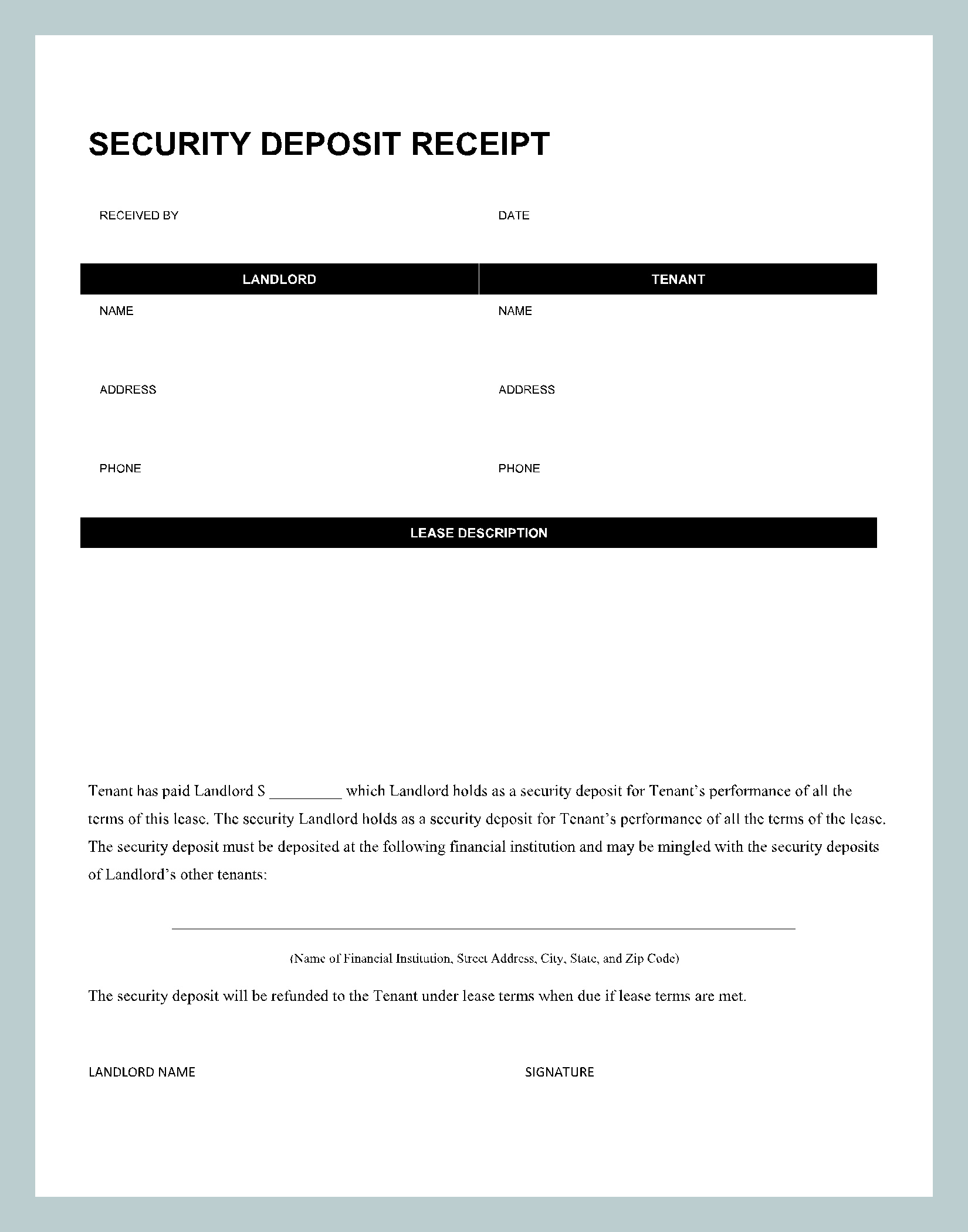 Sample Security Deposit Receipt Template Sample Security Deposit Receipt Template