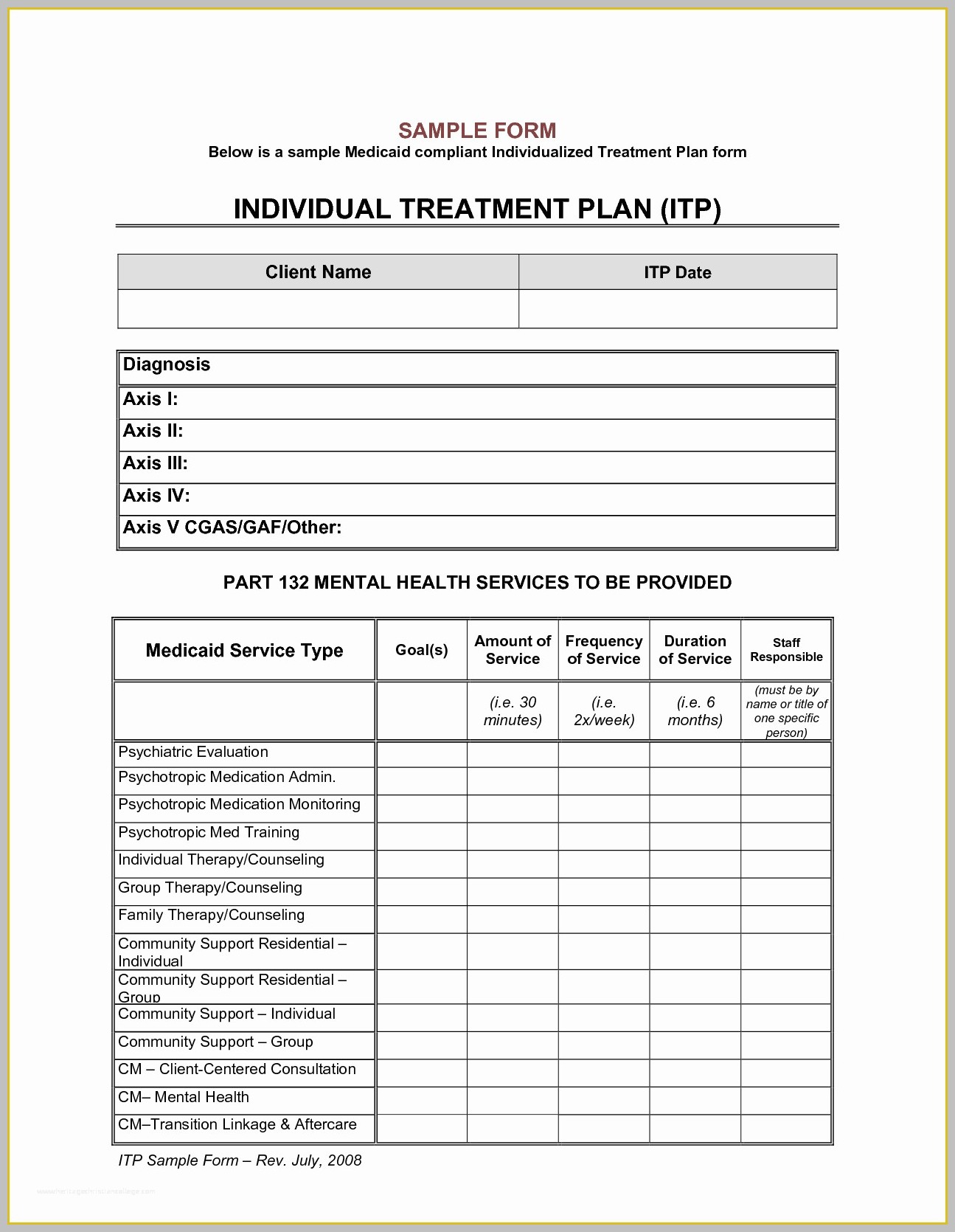 Sample Treatment Plan Template Sample Treatment Plan Template