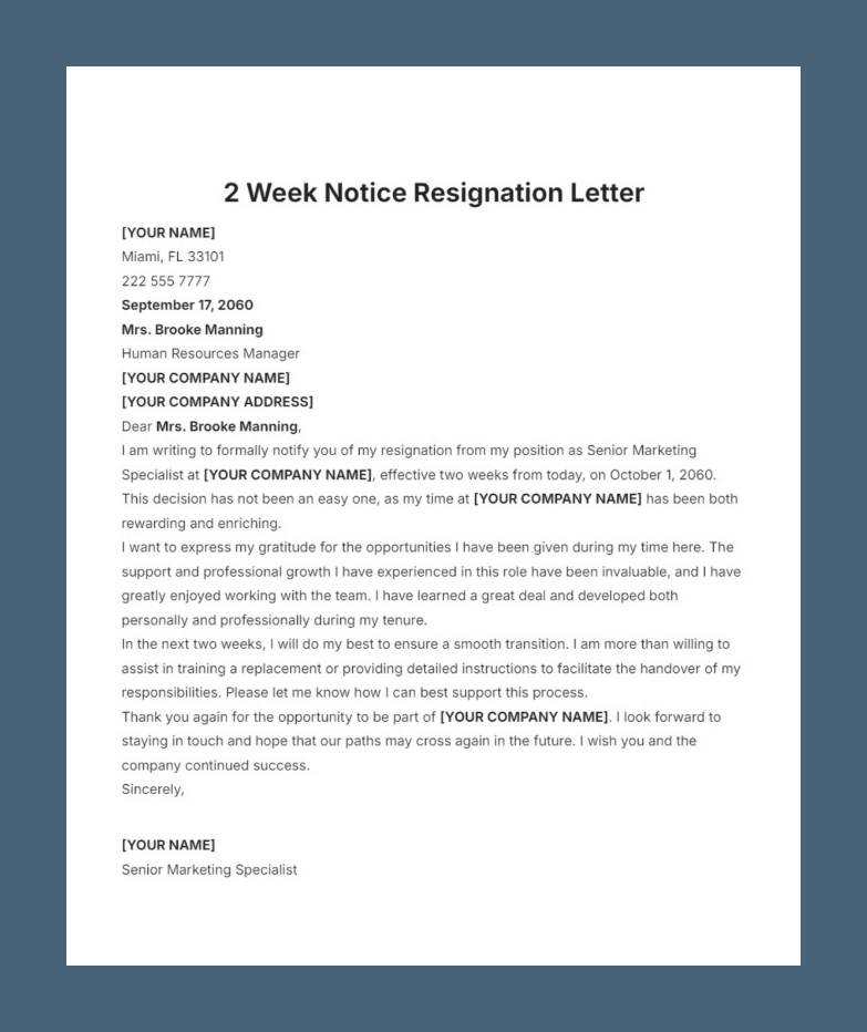 Sample Two-Week Notice Resignation Letter Template Sample Two-Week Notice Resignation Letter Template