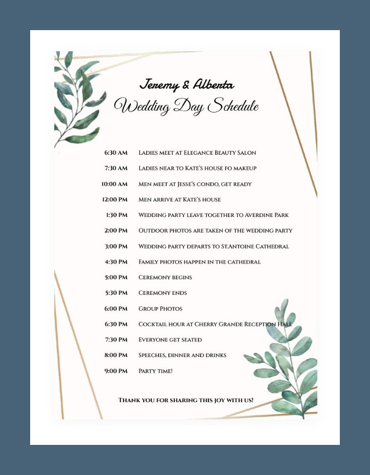 Sample Wedding Schedule Template Sample Wedding Schedule Template