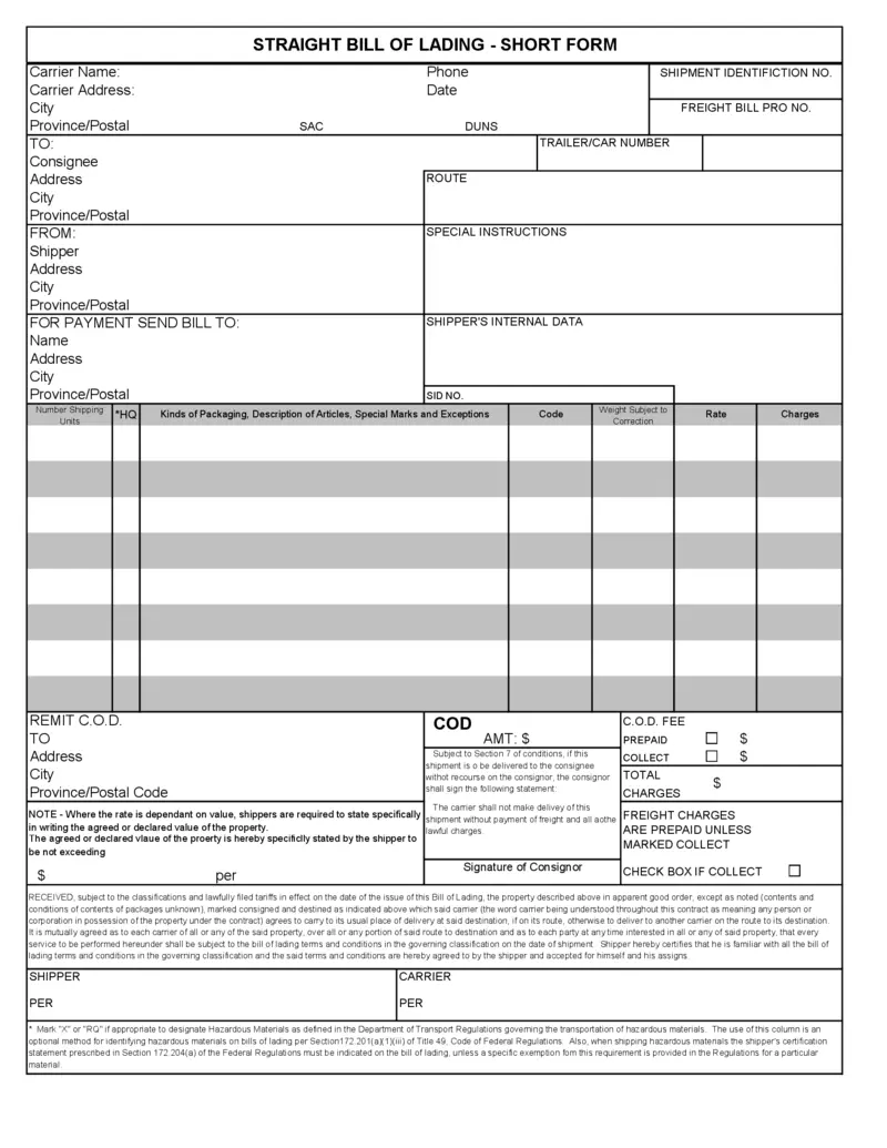 Sample of Bill of Lading Form Sample of Bill of Lading Form