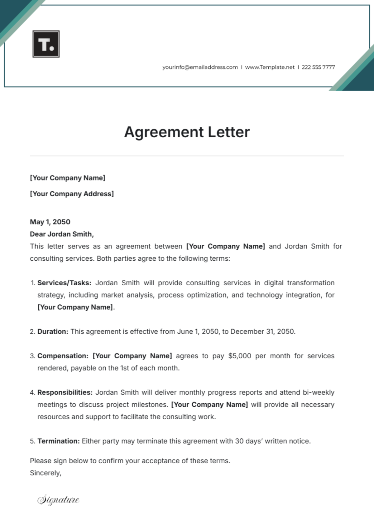 Sample of Letter of Agreement Template Sample of Letter of Agreement Template