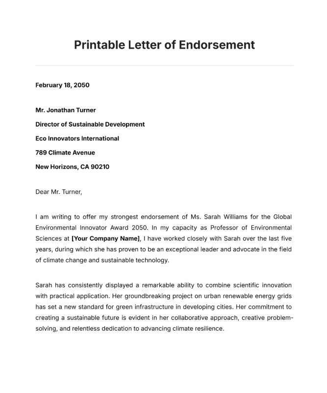 Sample of Letter of Endorsement Template Sample of Letter of Endorsement Template