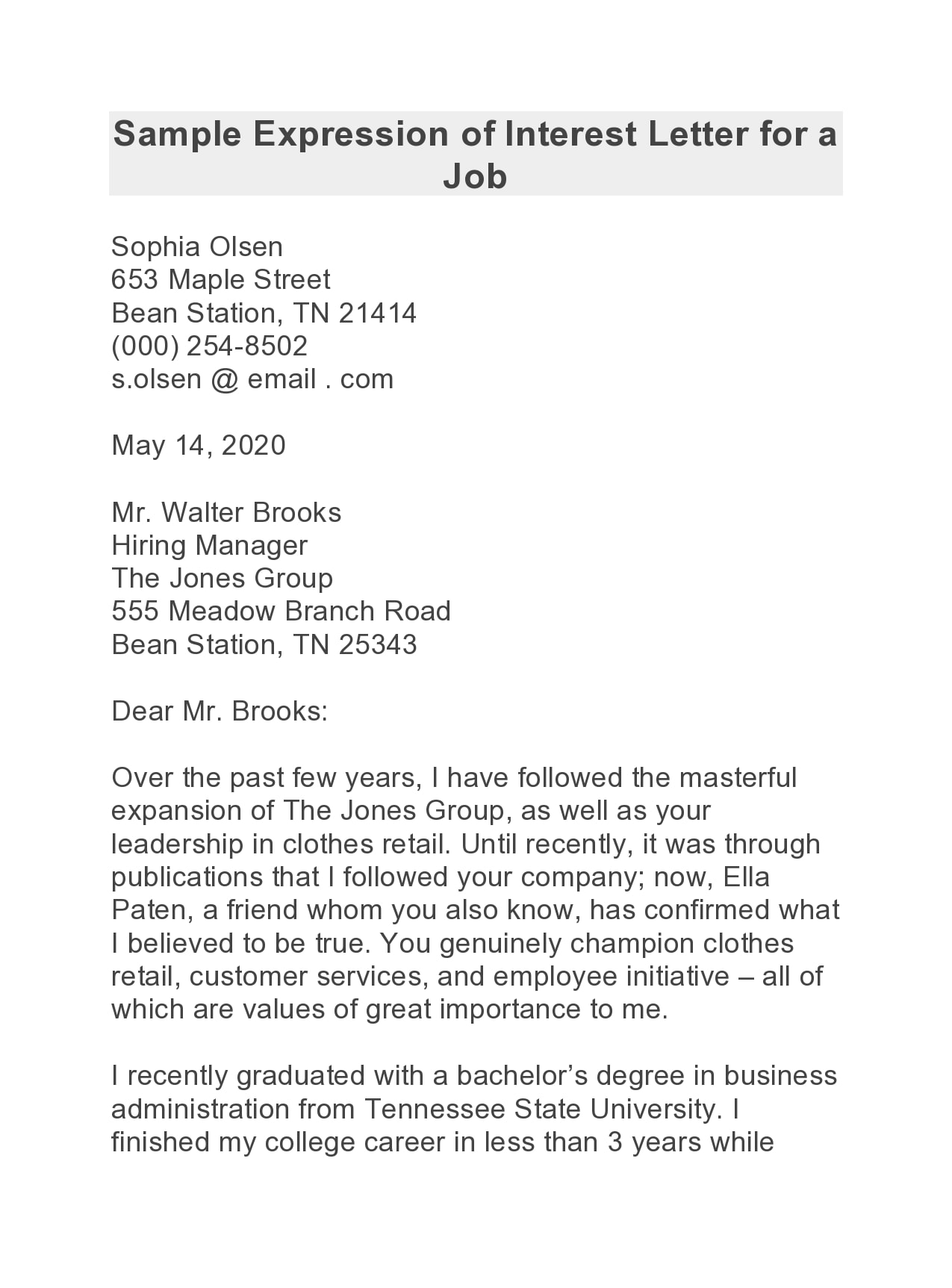 Sample of Letter of Interest for a Job Template