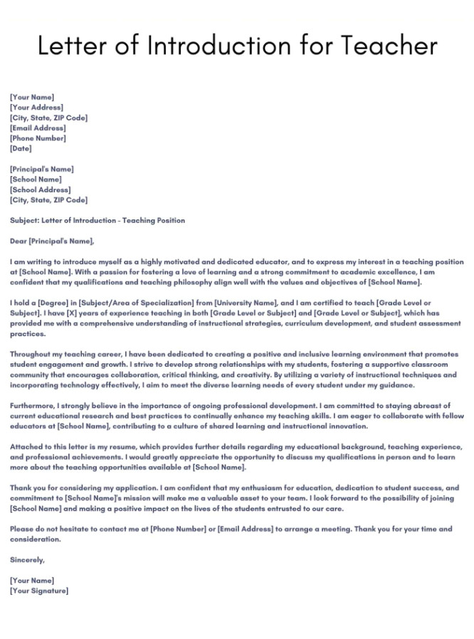 Sample of Letter of Introduction for Teacher Sample of Letter of Introduction for Teacher