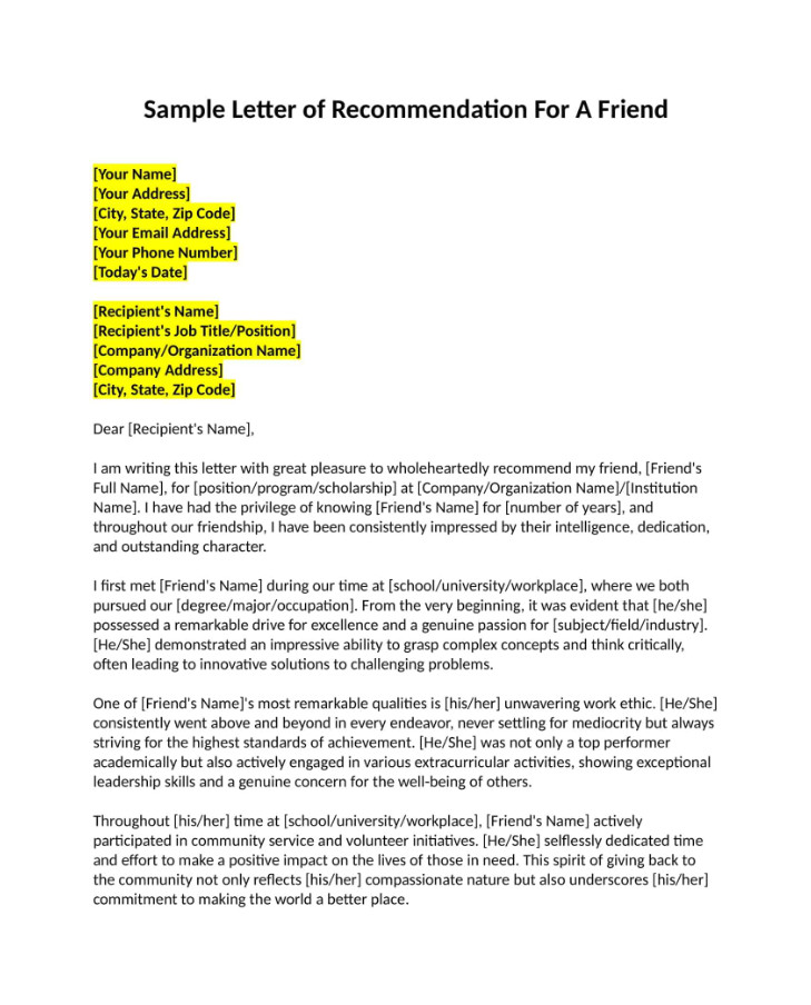 Sample of Letter of Recommendation for a Friend Template