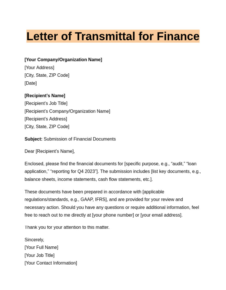 Sample of Letter of Transmittal Template