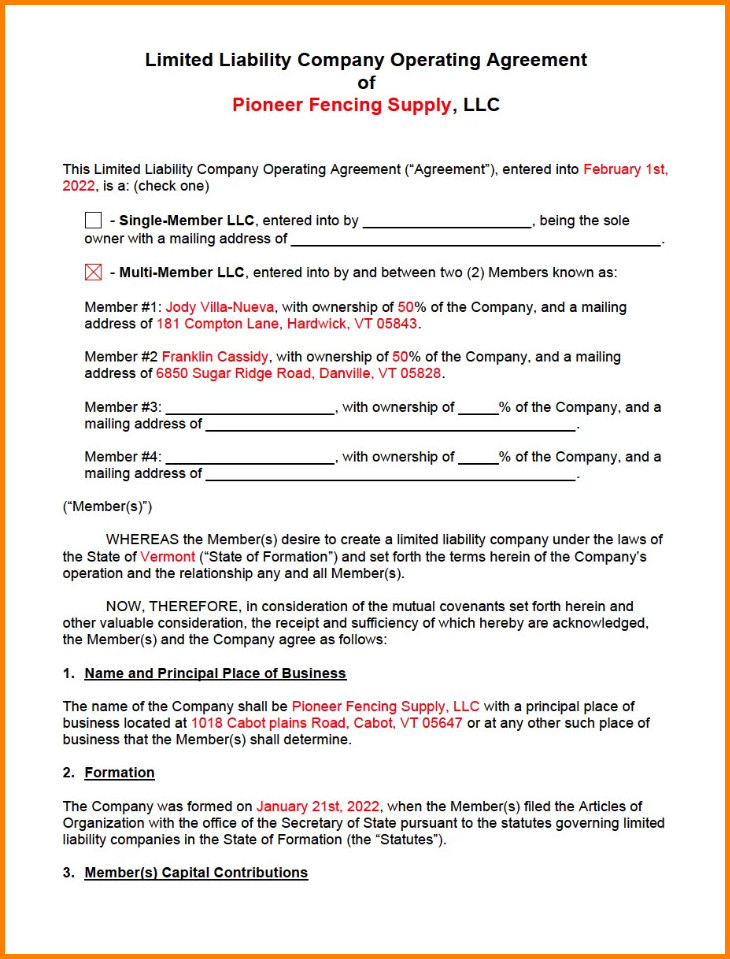 Sample of Limited Liability Operating Agreement Template