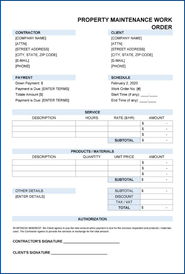Sample of Maintenance Work Order Template