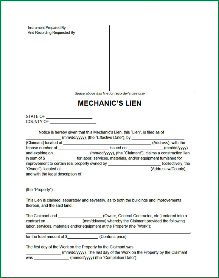 Sample of Mechanics Lien Form