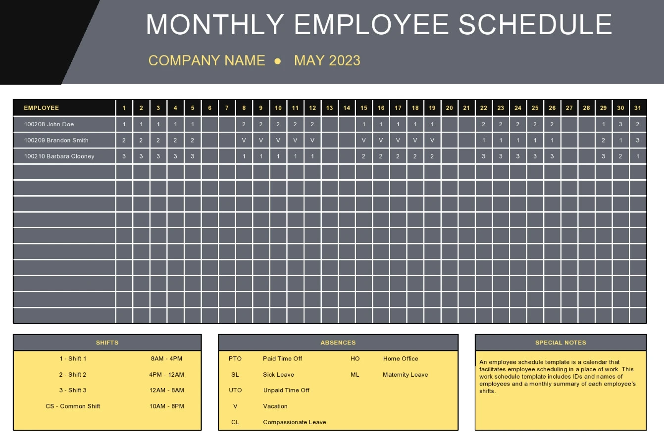 Sample of Monthly Employee Schedule Template