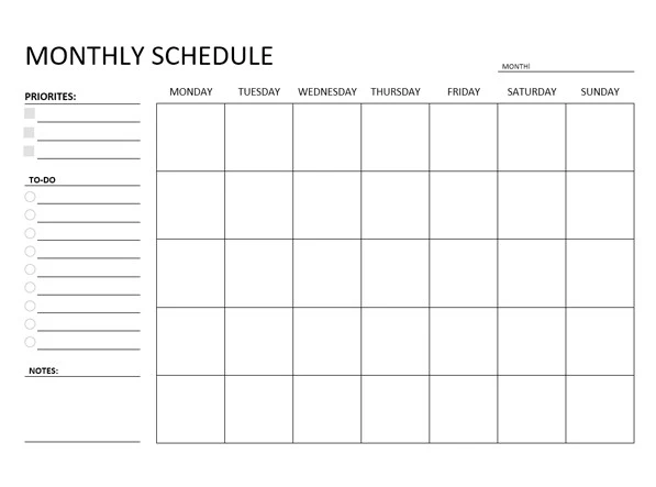Sample of Monthly Schedule Template