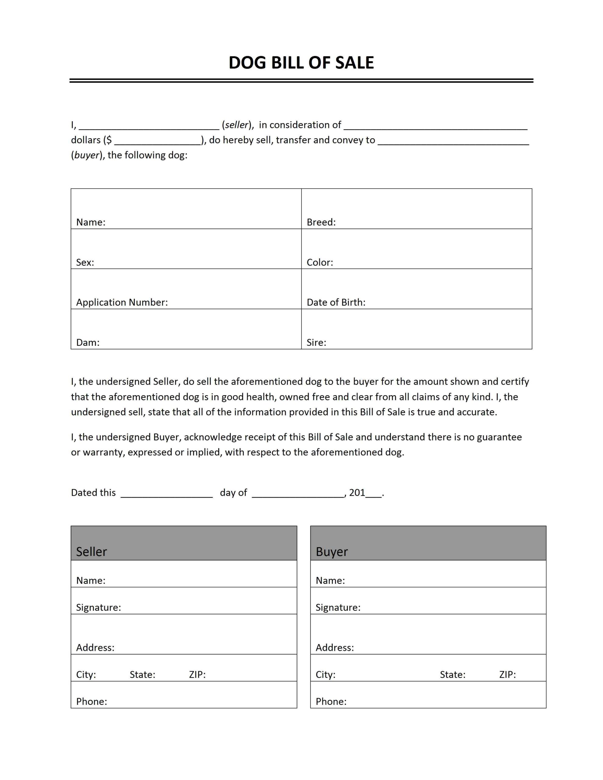 Sample of Printable Dog Bill of Sale Form