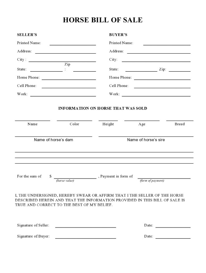 Sample of Printable Horse Bill of Sale Template Sample of Printable Horse Bill of Sale Template