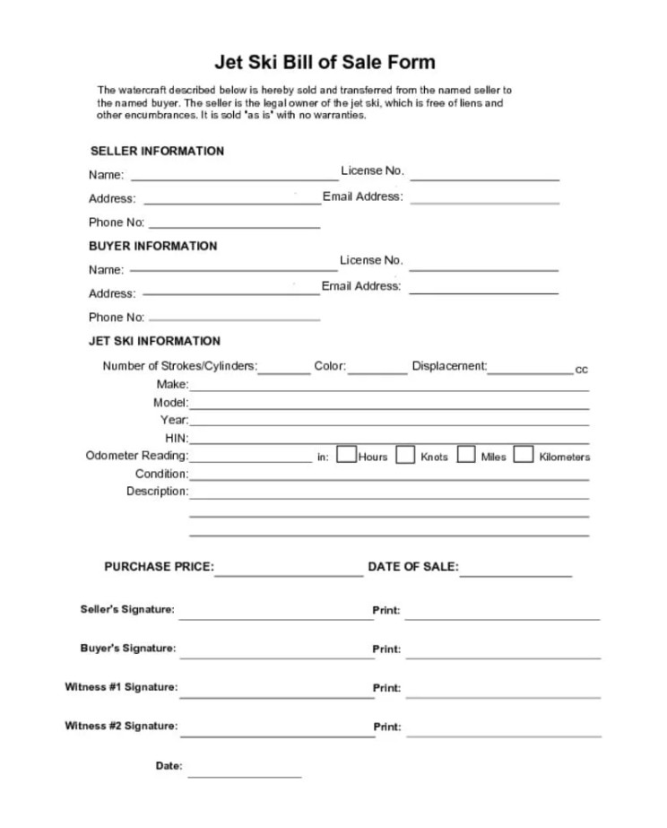 Sample of Printable Jet Ski Bill of Sale Form