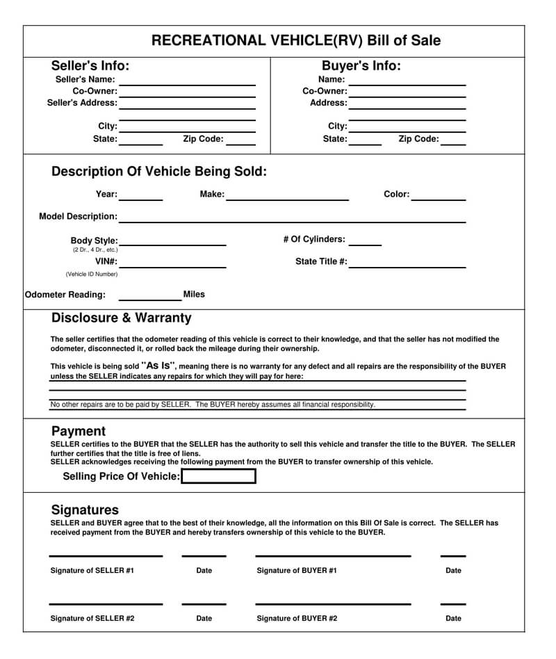Sample of Printable RV Bill of Sale Form