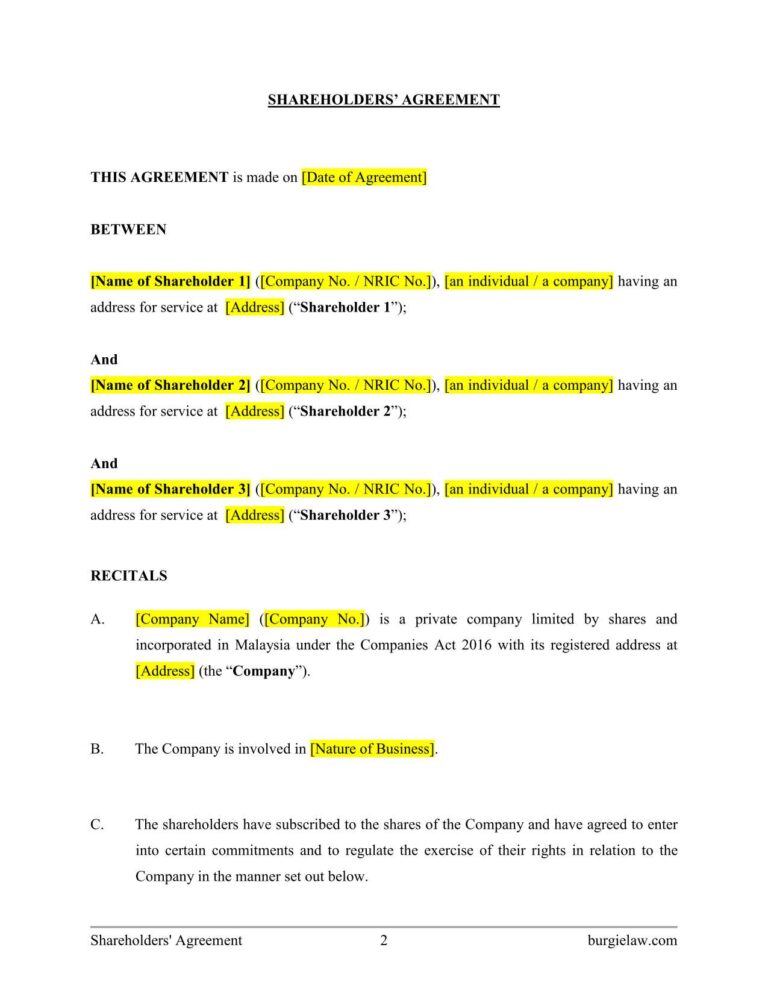 Shareholders Agreement Template (Word)