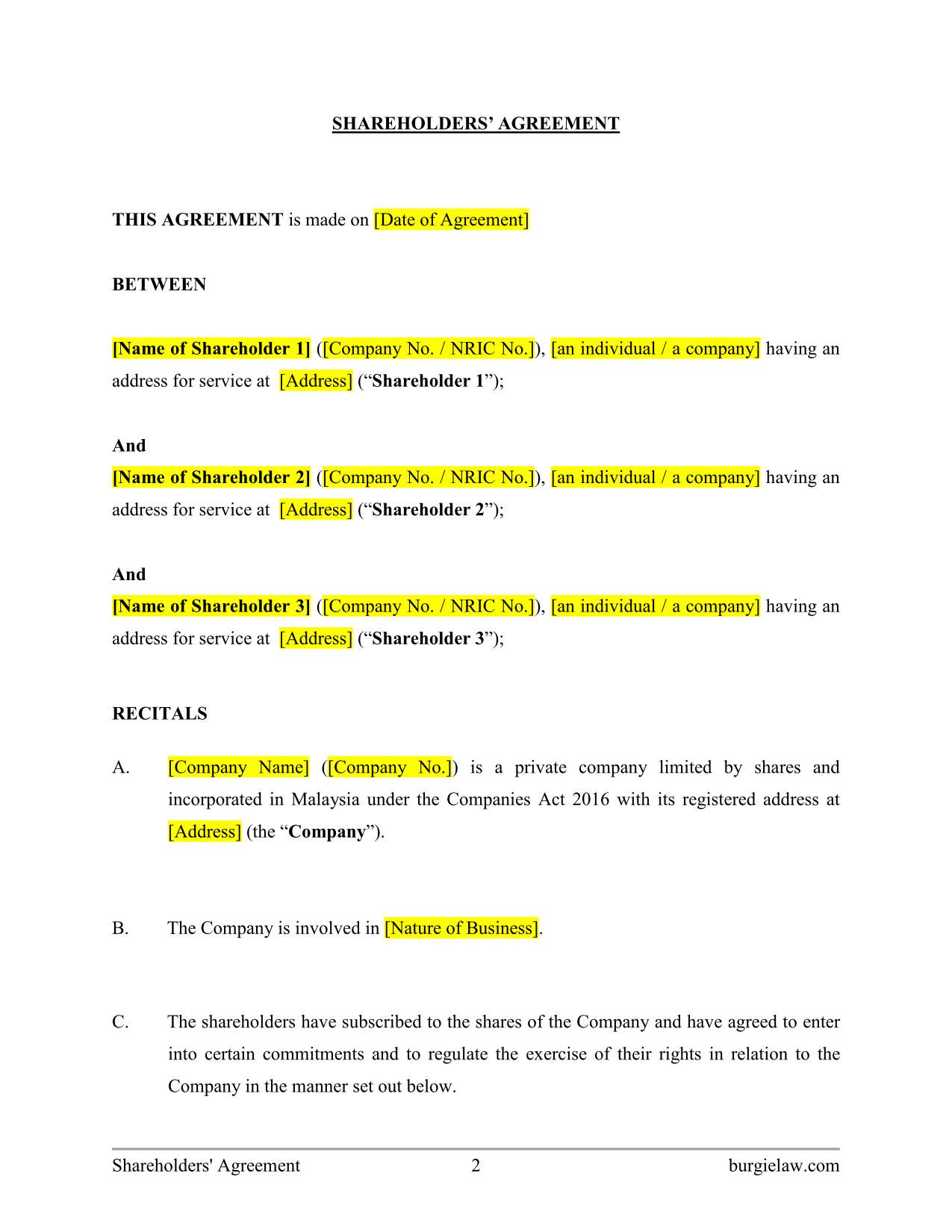 Sample of Printable Shareholders Agreement Template Sample of Printable Shareholders Agreement Template