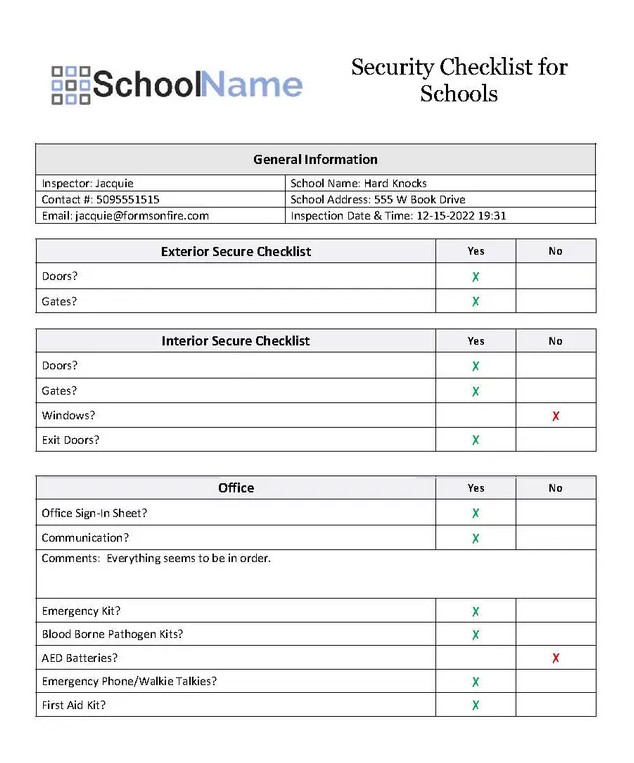 Sample of School Safety Audit Checklist Template