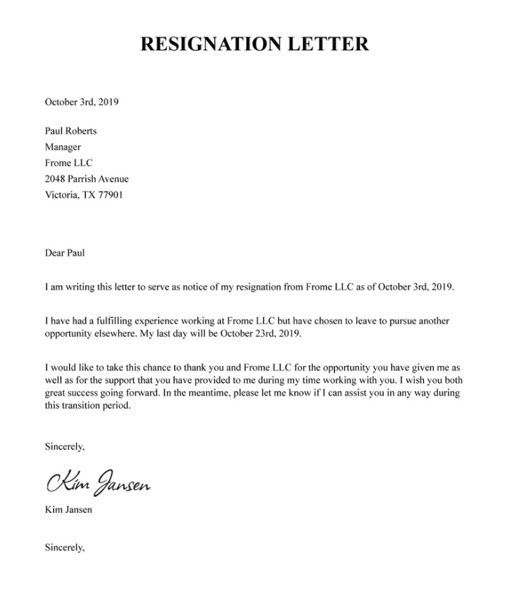 Sample of Short Resignation Letter Template