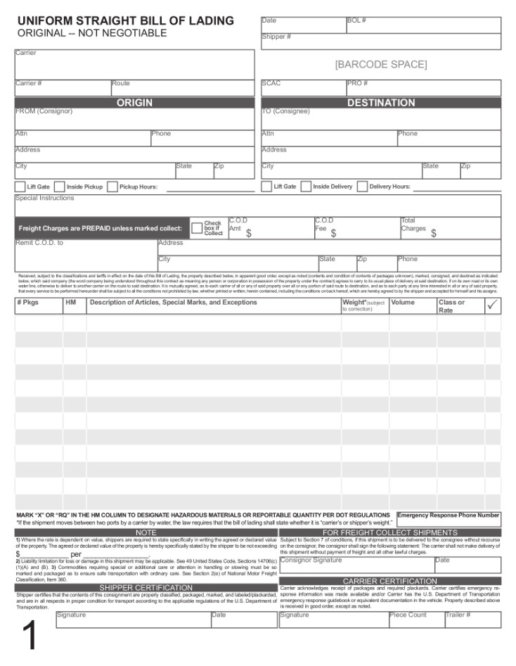 Sample of Straight Bill of Lading Form Sample of Straight Bill of Lading Form