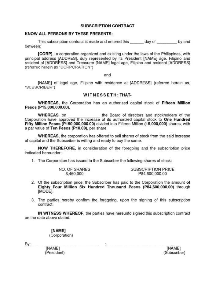 Sample of Subscription Agreement Template Sample of Subscription Agreement Template