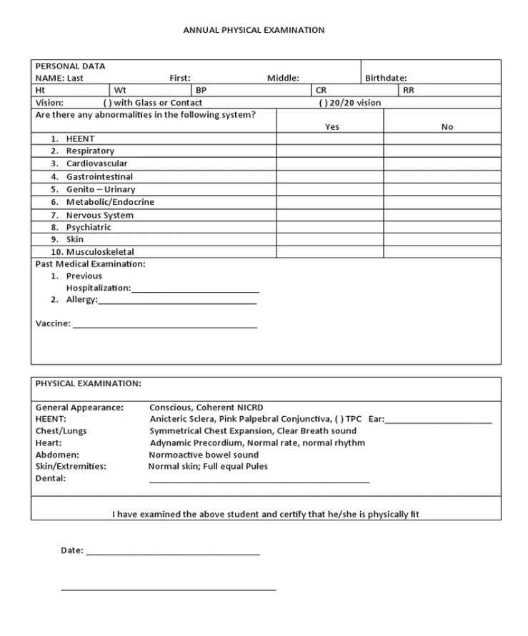 Sample of Yearly Physical Examination Form