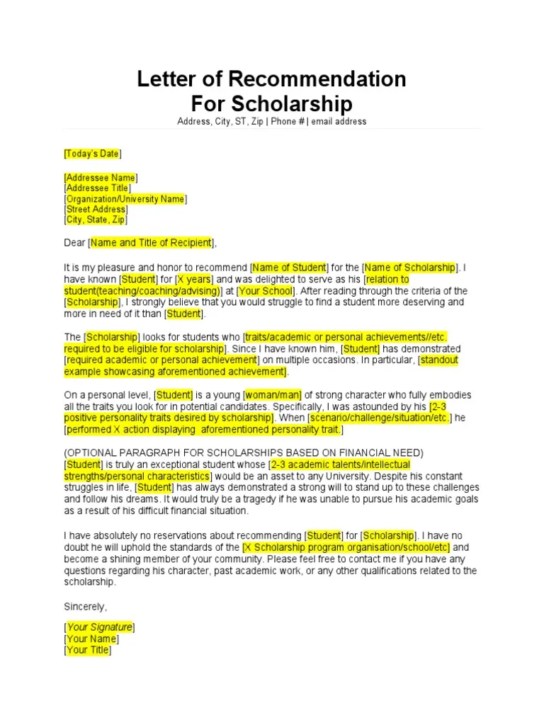 Scholarship Recommendation Letter Template Sample Scholarship Recommendation Letter Template Sample