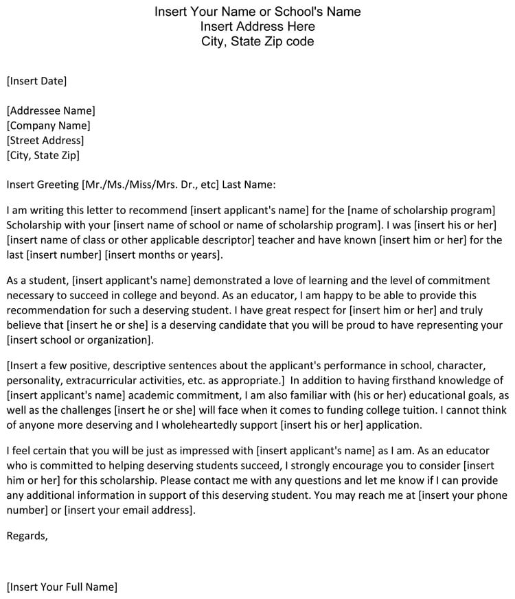 Scholarship Recommendation Letter Template Scholarship Recommendation Letter Template